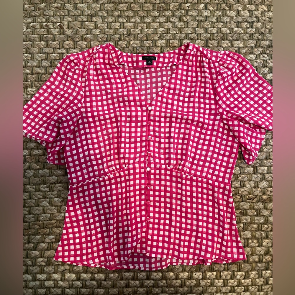 Ann Taylor Pink Gingham Peplum Blouse